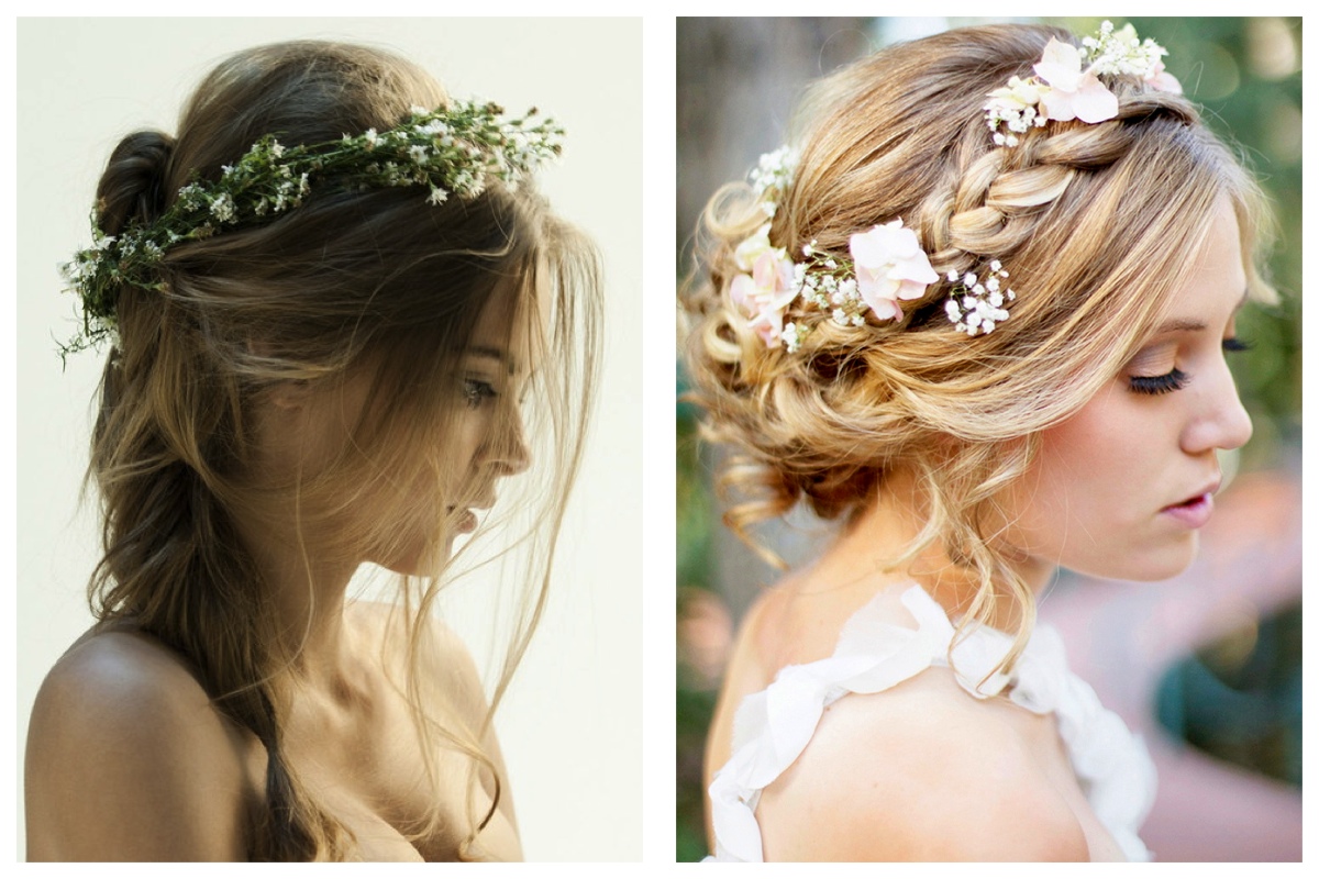 2 coiffures boho romantiques avec couronnes de fleurs