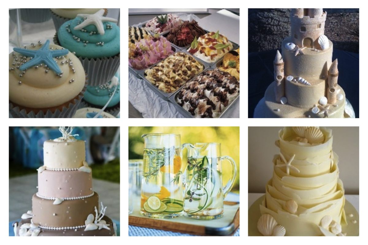 Nourriture d'un mariage à la plage. Cupcakes décorés d'étoiles de mer, assortiment de glaces, pièce montée représentant un château de sable, deux pièces montées ayant pour thème la mer, pichets d'eaux aromatisées 