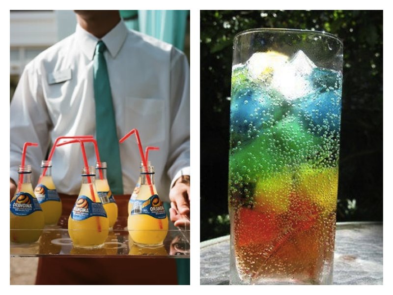 Serveur portant un plateau sur lequel se trouvent plusieurs bouteilles d'Orangina, verre rempli de glaçons colorés et de limonade.