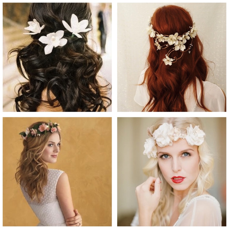 4 mariées avec cheveux bouclés et couronnes de fleurs