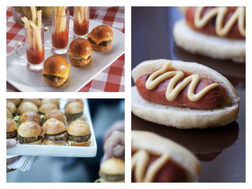 Mini hamburgers, frites présentées dans des petits verres, mini hotdogs