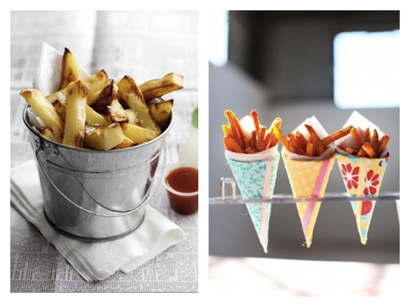 Frites dans petit seau métallisé et frites dans des cônes en papier décoré