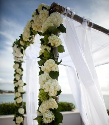 arche nuptiale décorée avec tissu blanc et fleurs